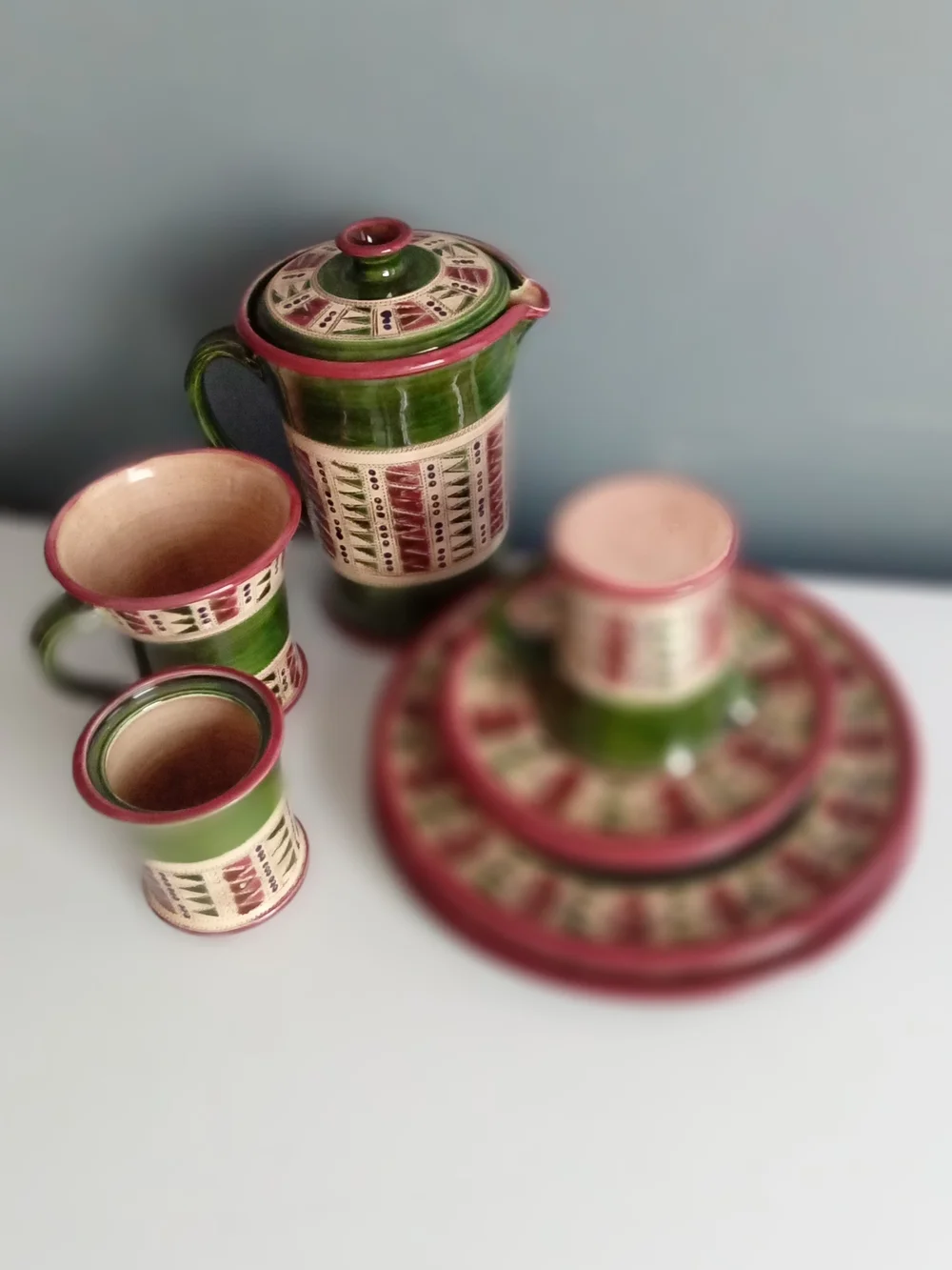 Handmade Studio Pottery Set Green Burgundy Geometric Pitcher Plates Mugs 9pc